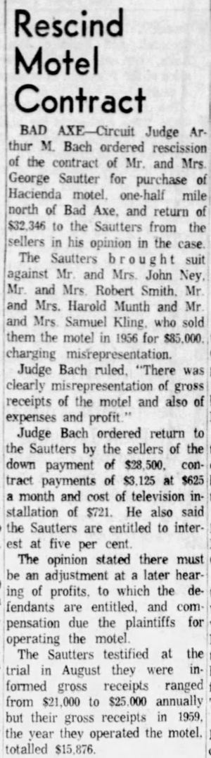 Maple Lane Motel (Hacienda Motel) - Oct 9 1960 Article About Dispute Over Sale